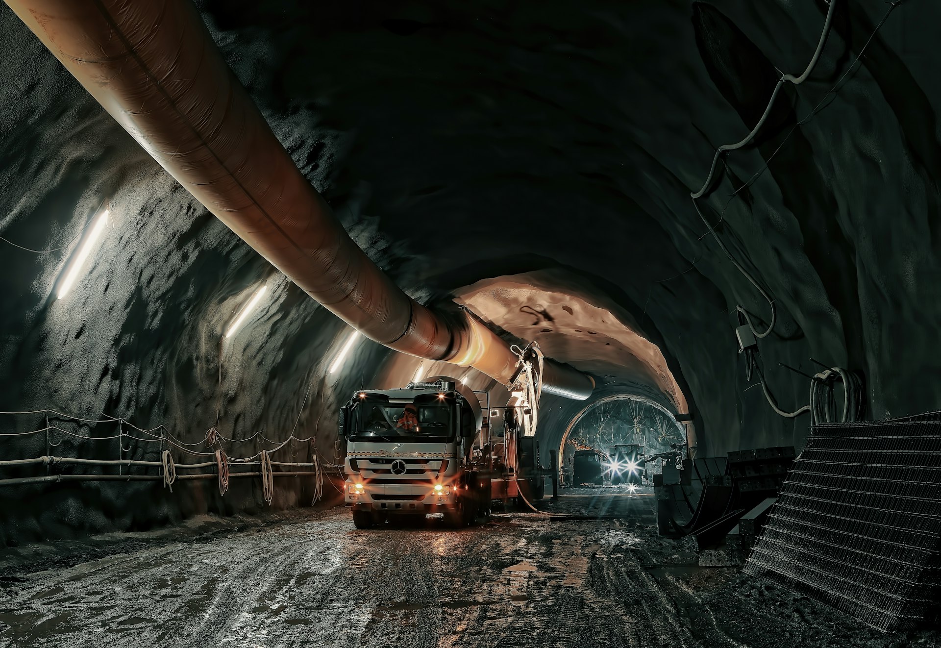 red and black truck in tunnel